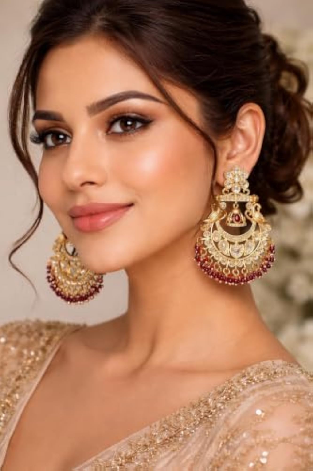 Kundan Chandbali Jhumka Earrings Gold Plated with Red Beads